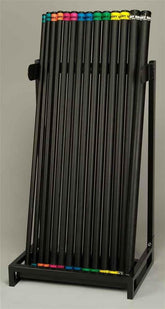 A rack displaying various black and colored tubes arranged neatly for easy access.